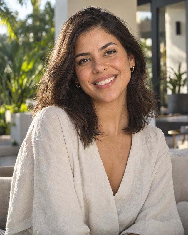 Young woman smiling outdoors in a white shirt